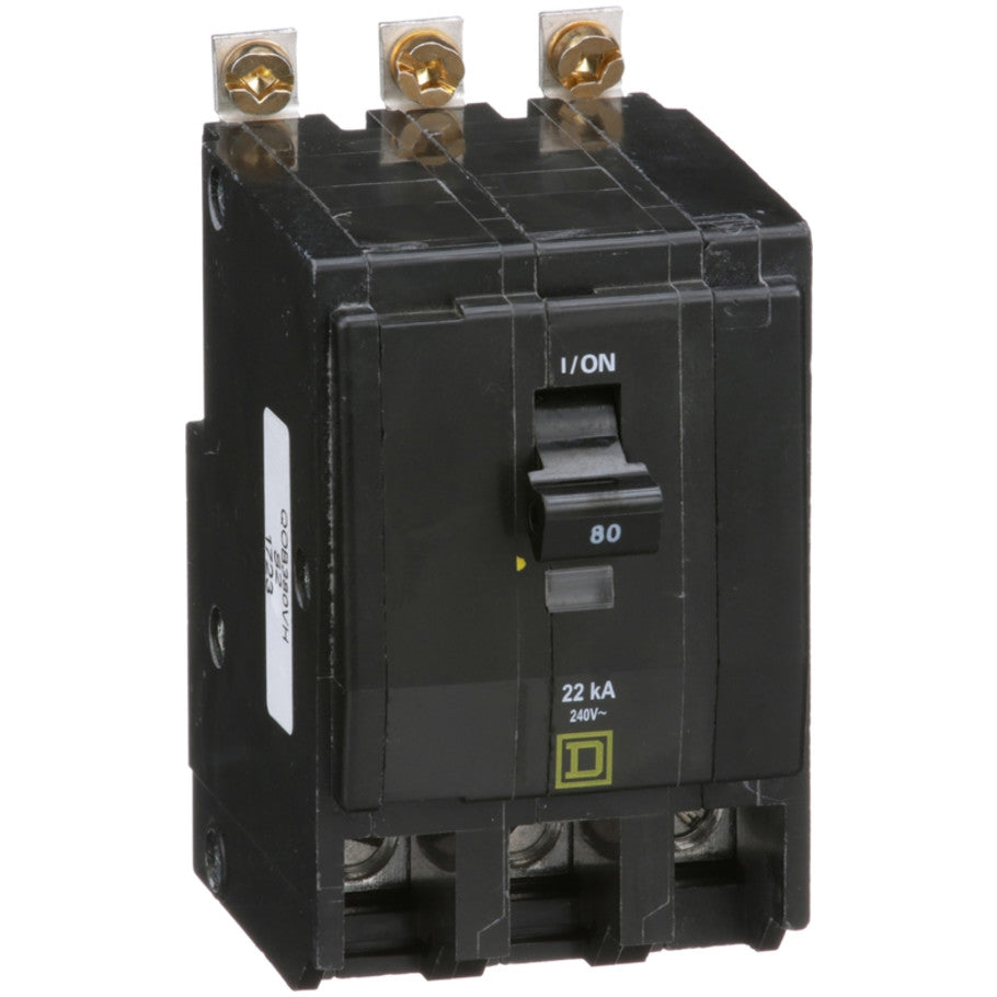 QOB Miniature Circuit Breaker, High Interrupting Capacity, Bolt On, 3 Pole, 80A, 240 Vac, 22kA