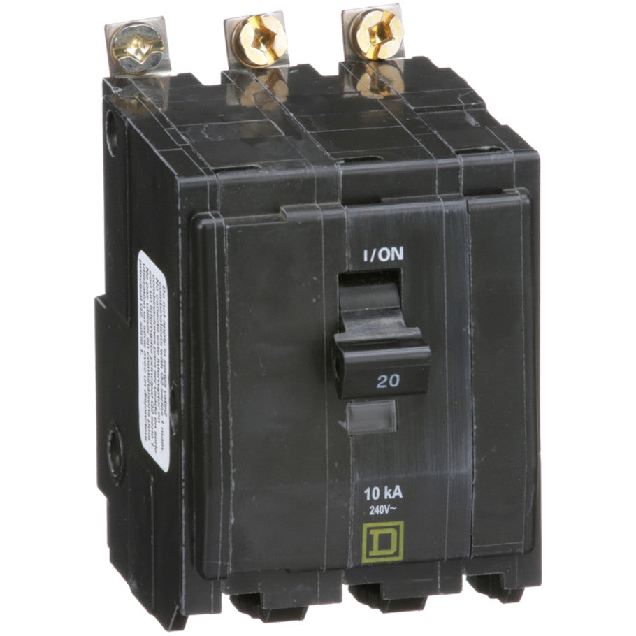 Mini circuit breaker, QO, 20A, 3 pole, 120/240VAC, 10kA, bolt on