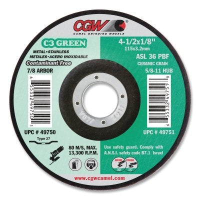 C3 Green Grinding Wheel, Type 27, 4-1/2 in dia, 1/8 in Thick, 36 Grit, 13300 RPM