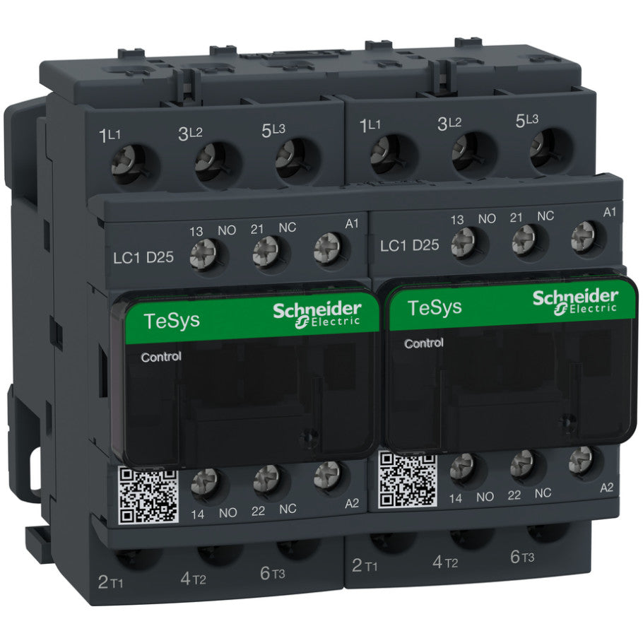 TeSys Deca IEC Contactor, 25 A, 3 P, 15 HP at 480 VAC, reversing, 120 VAC 50/60 Hz coil