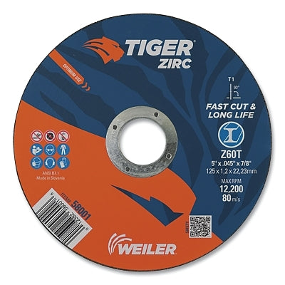 Tiger Zirc Cutting Wheel, 5 in dia, 0.045 in Thick, 7/8 in Arbor, Zirconia Alumina, Type 1, Z60T