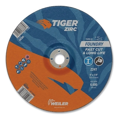 Tiger Grinding Wheel, 9 in dia x 1/4 in Thick x 7/8 in Arbor, 24 Grit, Zirconia Alumina, Type 27, 10 EA/BX