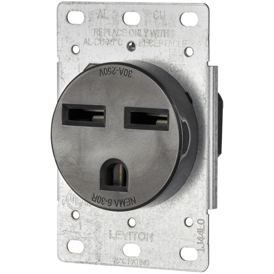 Flush Mtg Receptacle, Straight Blade, Industrial Grade, Grounding, , Side Wired, Steel Strap, Black