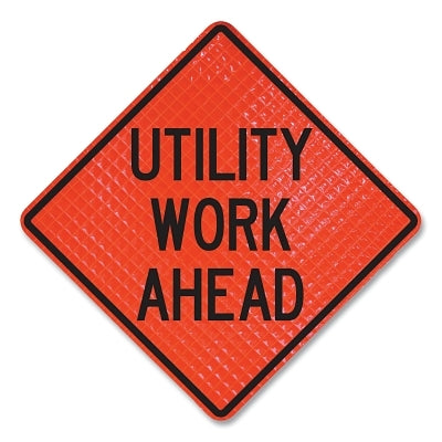 Quadra Flex Roll-Up Utility Work Ahead Sign, Fluorescent Orange, 48 in L + 48 in W