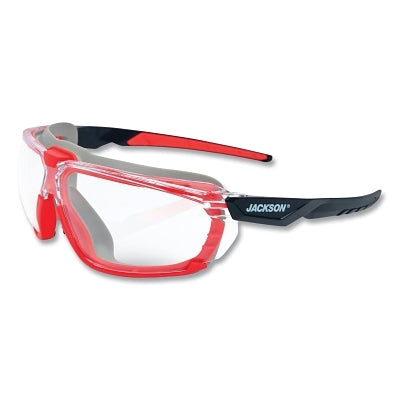 Hyperguard Safety Glasses, Clear, Polycarbonate, Anti-Fog, Clear Gasketed Frame, Red Temple