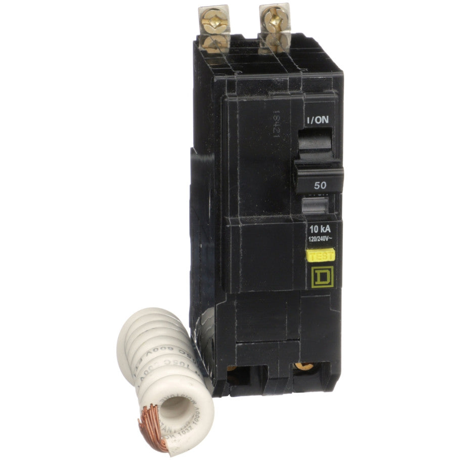 Mini circuit breaker, QO, 50A, 2 pole, 120/240VAC, 10kA, bolt on, 6mA grd fault A, pigtail  TAA
