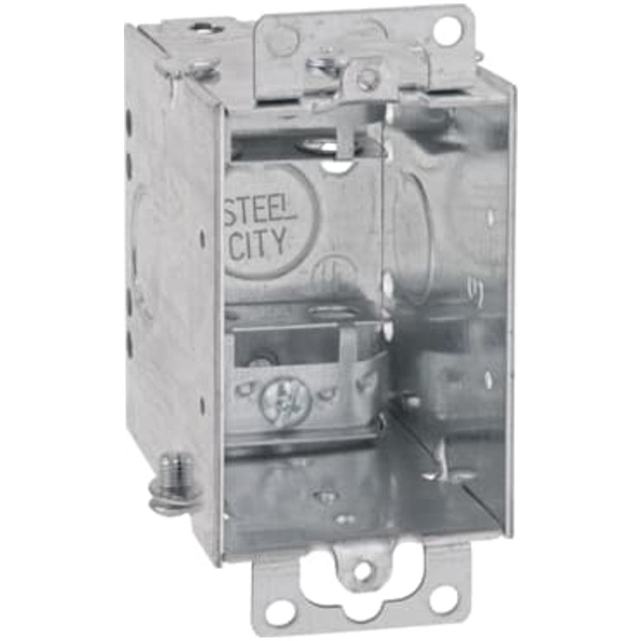 3x2 Switch Box, Gangable, Steel, 2-3/4 in. D, (2) 1/2 in. Side KO, (1) 1/2 in. Bottom KO, Mounting Ears, (2) C-3 Clamps