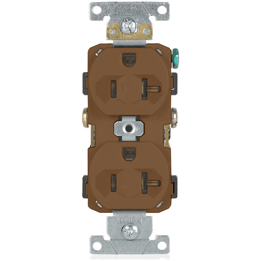 Straight Blade Duplex Receptacle, Narrow Body, 20A, 125V, 2P3W, NEMA 5-20R, Self-Grounding, Back and Side Wired, Brown