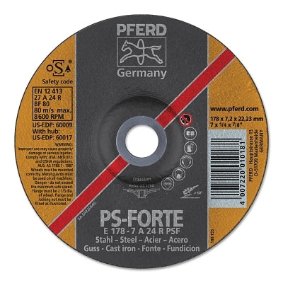 A24R PSF Grinding Wheels, 5" Dia, 1/4" Thick, 7/8in Arbor, Alum Oxide, 10/pk