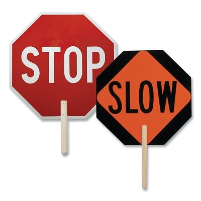 STOP/SLOW Flip Sign, Black/Red-Orange SLOW, White/Red-Orange STOP, 18 in x 18 in, 9 in Handle