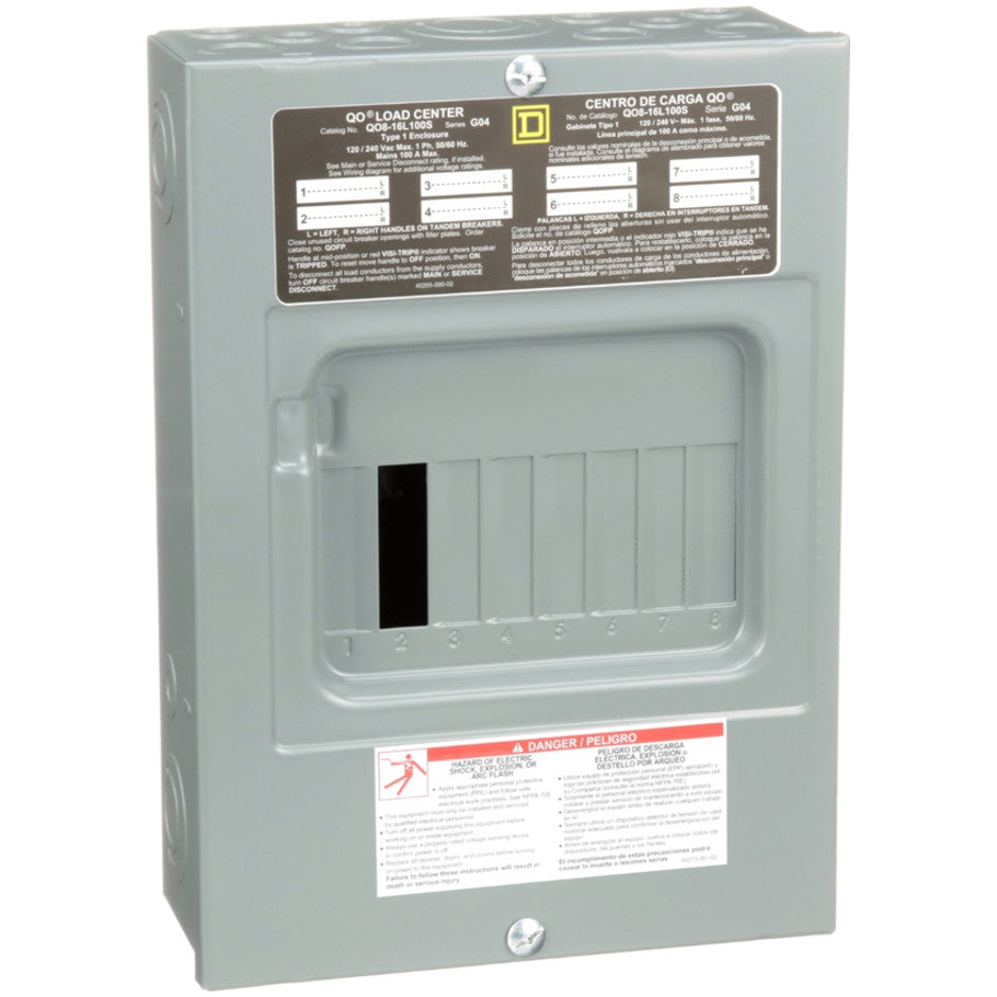 Load center, QO, 1 phase, 8 spaces, 16 circuits, 100A fixed main lugs, NEMA1, surface cover