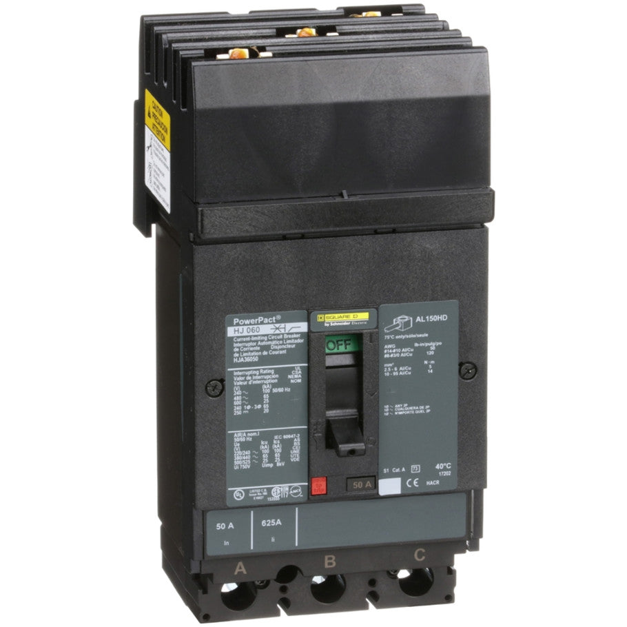 PowerPact Molded Case Circuit Breaker, H-Frame, Thermal Magnetic, I-Line Mount, 25kA, 600 Vac/250 Vdc, 3-Pole, 50A