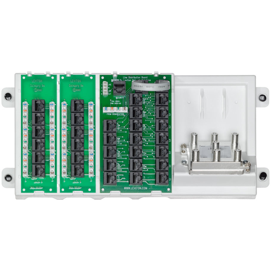 Distribution Panel, advanced home office has one telco splitter mounted to a plastic bracket