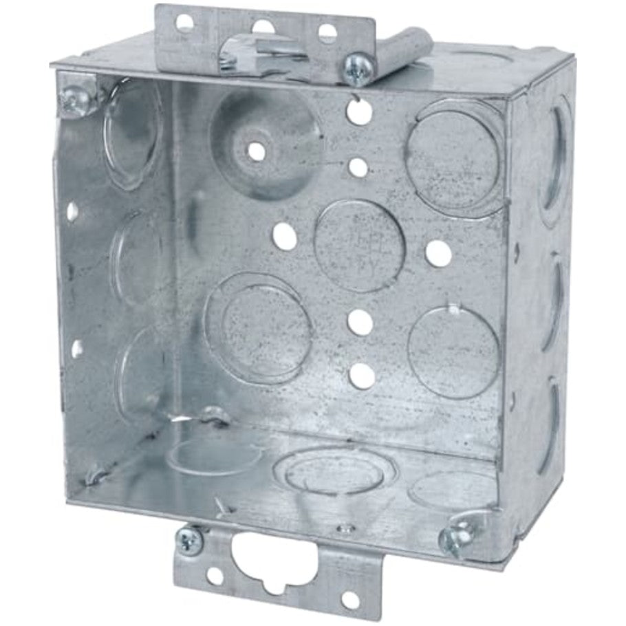4 in. Square 2-1/8 in. deep steel welded box with (11)1/2 and (6)1/2E-3/4E in. knockouts and old work ears.