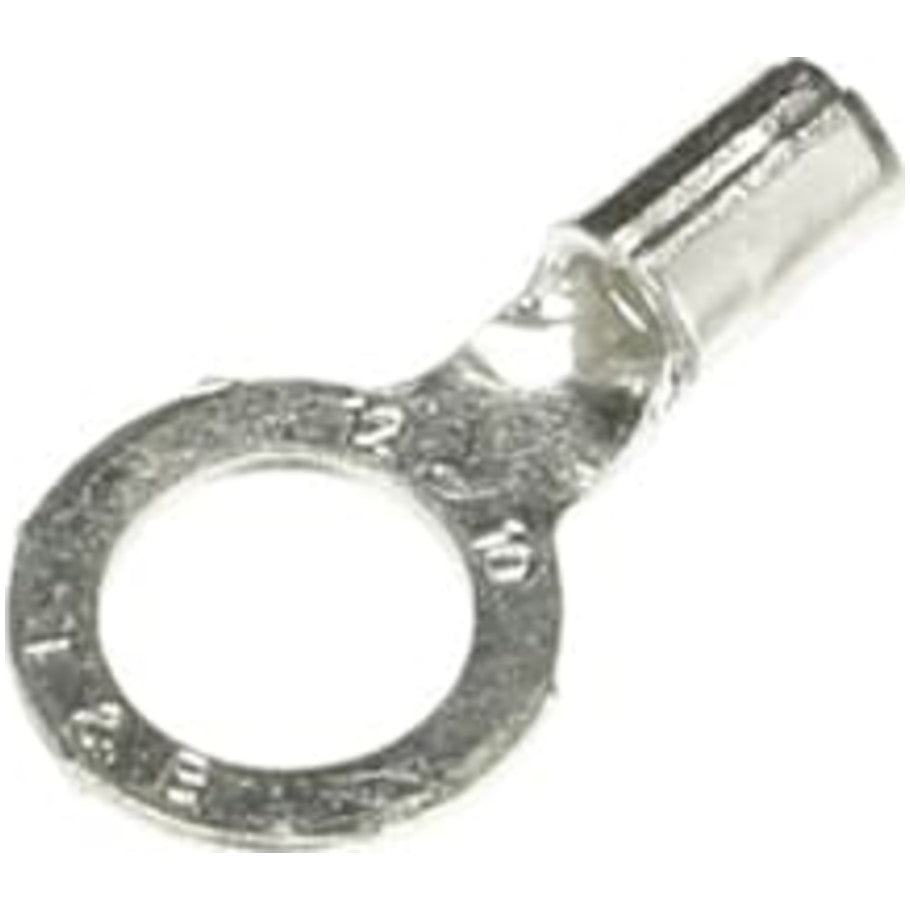 Non-Insulated Ring Terminal, Length 1.10 Inches, Width .59 Inches, Bolt Hole 3/8 In, Wire Range  12- 10 AWG, Copper, Tin Plated