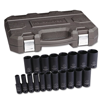 Impact Socket Set, 1/2 in Dr, 6-point, SAE, 3/8 in to 1-1/2 in, 19-Pc Deep Length, Incl Blow Mold Case