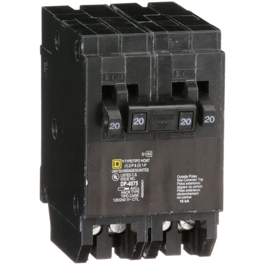 Homeline Quad Tandem Circuit Breaker, Plug-In, 10kA, 120/240 Vac, (2) 1-Pole 20A, (1) 2-Pole 20A