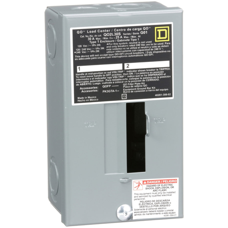 Load center, QO, 1 phase, 2 spaces, 2 circuits, 30A fixed main lugs, NEMA1, surface cover
