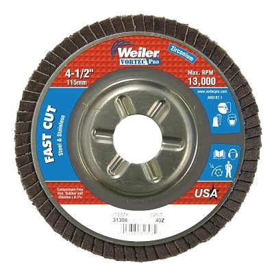 Vortec Pro Abrasive Flap Discs,4.5", 40 Grit, 7/8 Arbor, 13,000 rpm, Alum Back