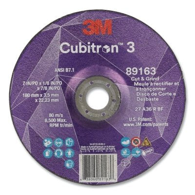 3M 638060-89163 Cubitron 3 Cut and Grind Wheel, 7 in dia x 1/8 in Thick x 7/8 in Arbor, 36+ Grit, T27