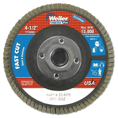 Vortec Pro Abrasive Flap Disc, Zirconium, 4-1/2 in dia, 60 Grit, 5/8 in-11 Arbor Thread, 13000 RPM