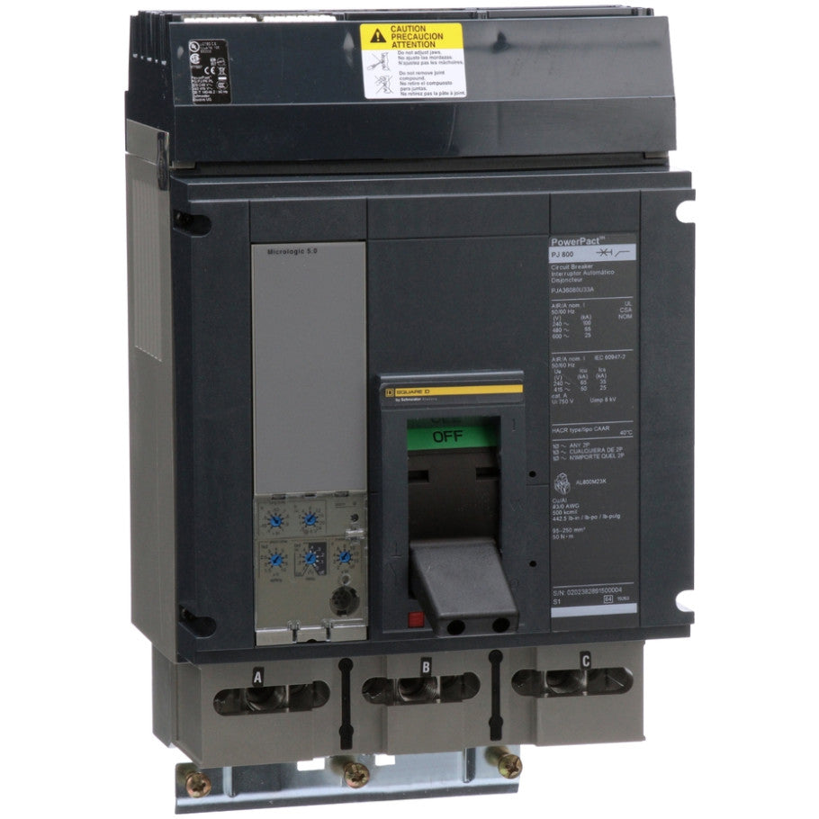 PowerPact Molded Case Circuit Breaker, 800A, 3-Pole, 25 kA, 600V ac, Micrologic 5.0, 12.86 H x 8.27 W x 8.05 D in.