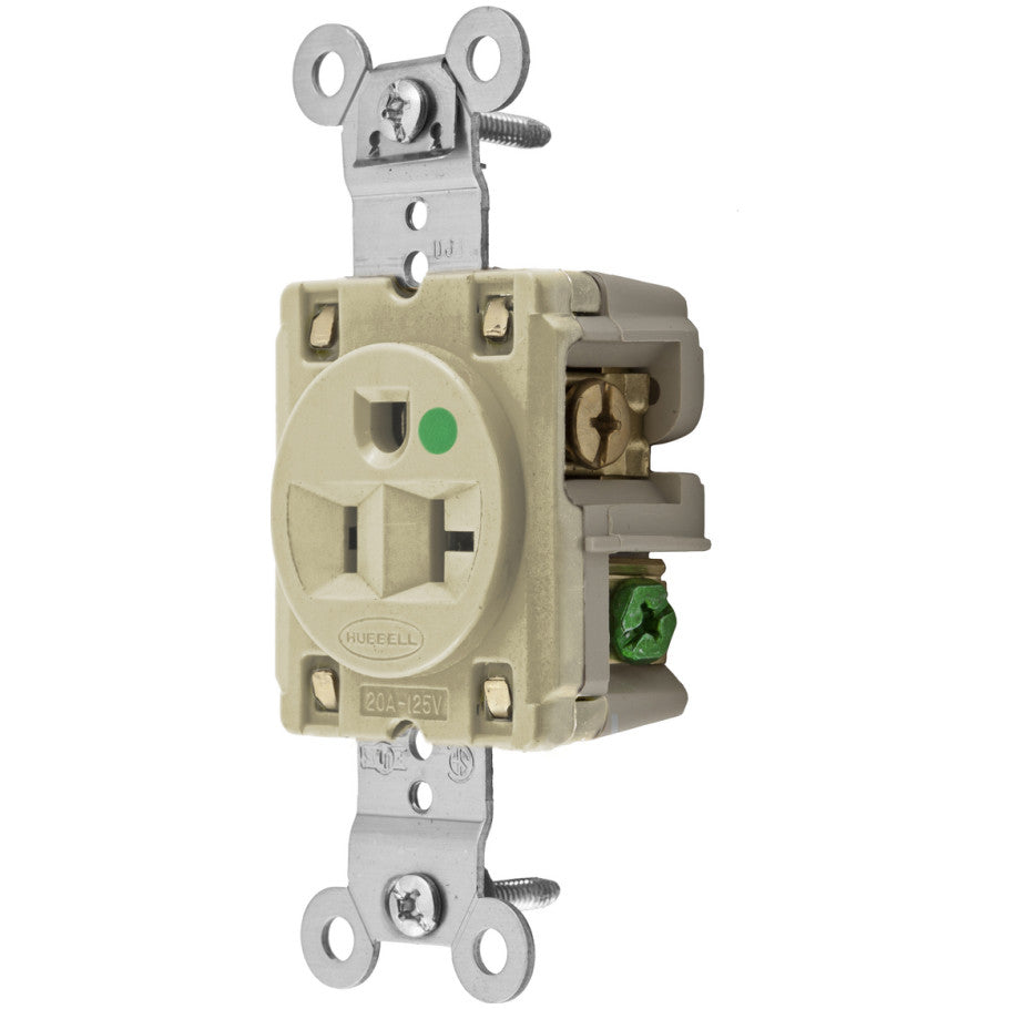 HBL Straight Blade Single Receptacle, Hospital Grade, 20A, 125V, 2P3W, Flush Nylon Face, Ivory
