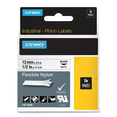 Industrial Rhino Flexible Nylon Label Cartridge, 1/2 in W x 11.5 ft L, Black Print on White Background