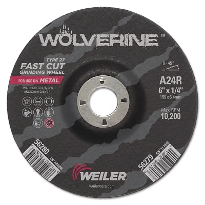 Wolverine Grinding Wheel, A24R, 6 in dia, 1/4 in Thick, 7/8 in AH, 24 Grit, Type 27