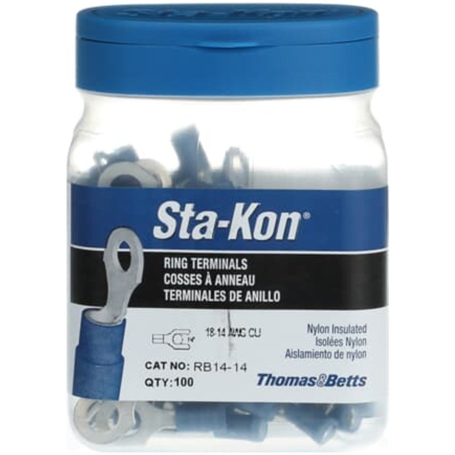 Sta-Kon Nylon-Insulated Ring Terminal, 18 to 14, 1/4 in., Red