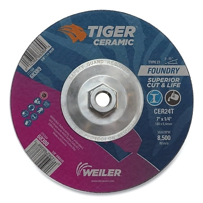 Tiger Grinding Wheel, 7 in dia x 1/4 in Thick x 5/8 in-11 Arbor, 24 Grit, Ceramic Alumina, Type 27, 10 EA/BX