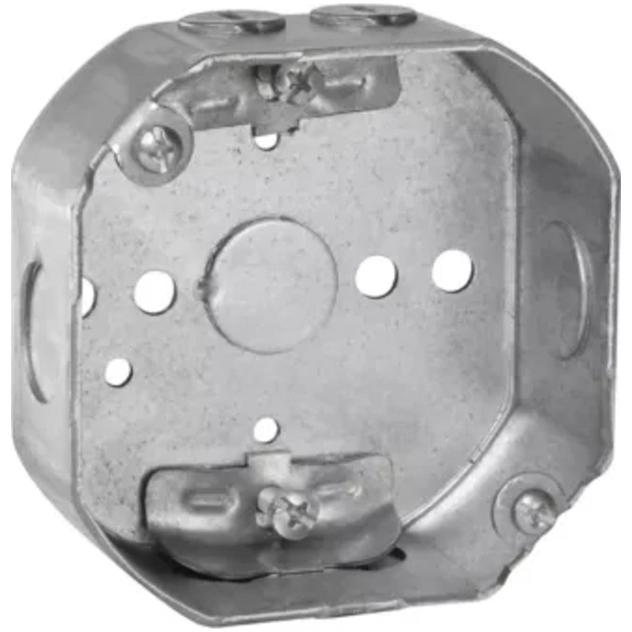 Octagon 4 in. Dia. Outlet Box, Steel, Fixture Rated, (4) Cable Clamps, 1-1/2 in. D, (2) 1/2 in. Side KO, (1) 1/2 in. Bottom KO