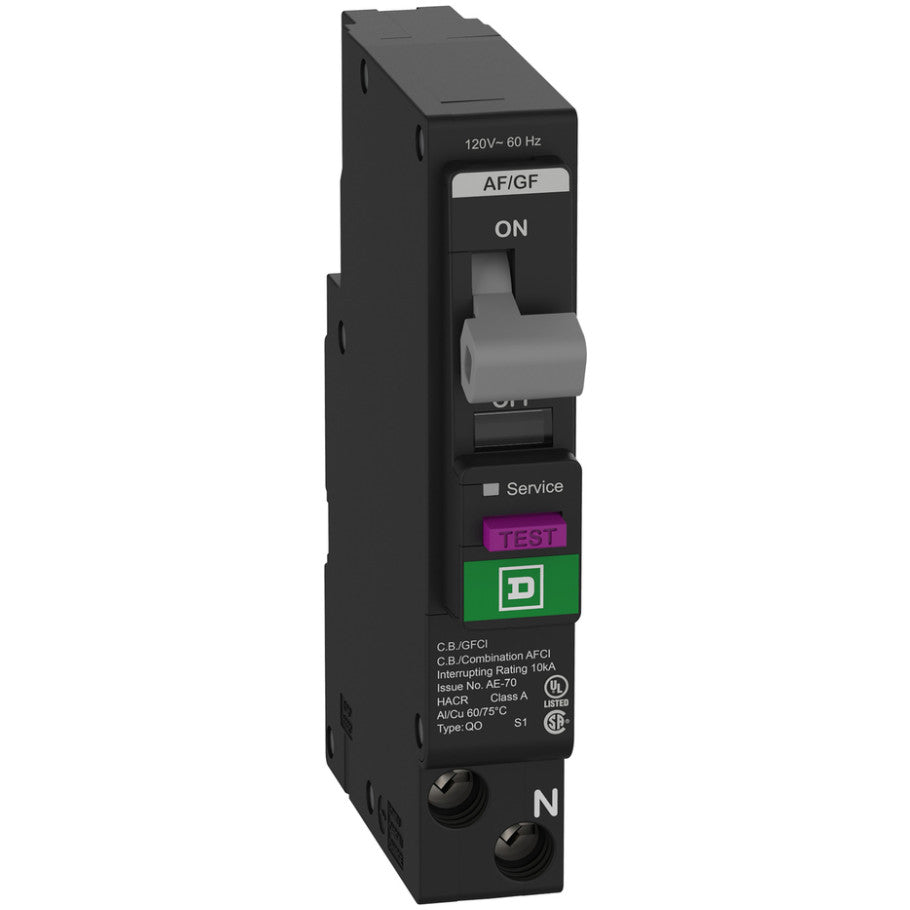 Mini circuit breaker, QO, 15A, 1 pole, 120VAC, 10kA, plug in, combo ARC fault, 6mA grd fault A, plug on neutral  TAA
