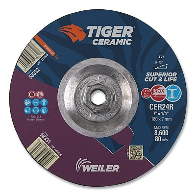 Tiger Grinding Wheel, 7 in dia x 1/4 in Thick x 5/8 in-11 Arbor, 24 Grit, Ceramic Alumina, Type 27, 10 EA/BX