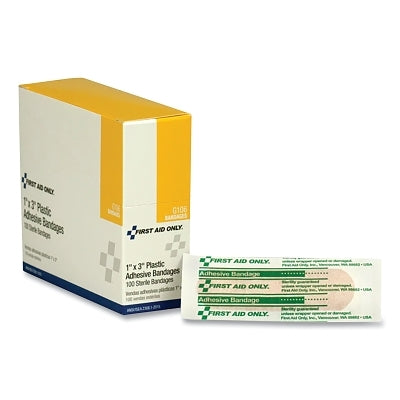 Plastic Adhesive Bandage, 1 in W, 3 in L, Adhesive, Plastic, 100/Box