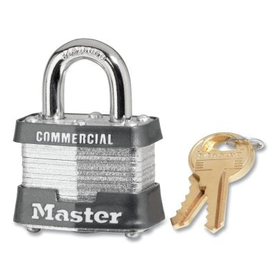 No. 3 Laminated Steel Padlock, 9/32 in dia, 5/8 in W x 3/4 in H Shackle, Silver/Gray, Keyed Alike, Keyed 3210