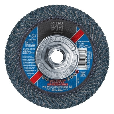 POLIFAN SGP Zircon-Curve Radial Type PFR Flap Disc, 4-1/2 in x 9/16 in, 40 Grit, 5/8 in to 11 Arbor, 13,300 RPM