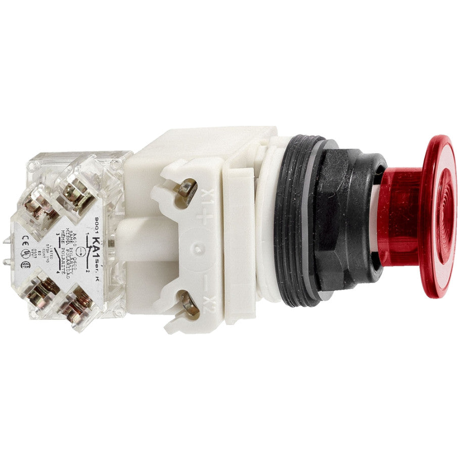 Harmony 9001SK Series Push Button, Plastic, 30 mm Dia., 28V ac, Round Head, 2-Position, Red, 3.7 L x 1.8 H x 2.2 W in.
