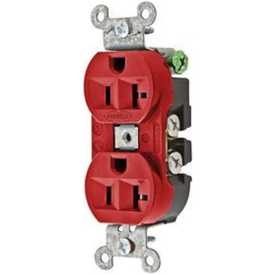 Hubbell-Pro Straight Blade Duplex Receptacle With Finder Groove Face, Heavy Duty, 20A, 125V, 2P3W, Red