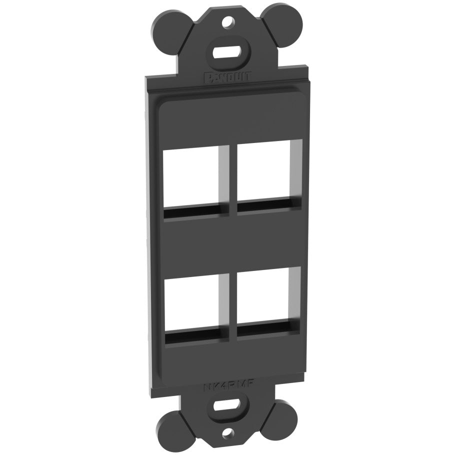 NetKey, Keystone Faceplate Adapter, ABS, 4-Port, Flat Outlet, Adhesive Label, Black, 4.06 H x 1.42 W x 0.45 D in.