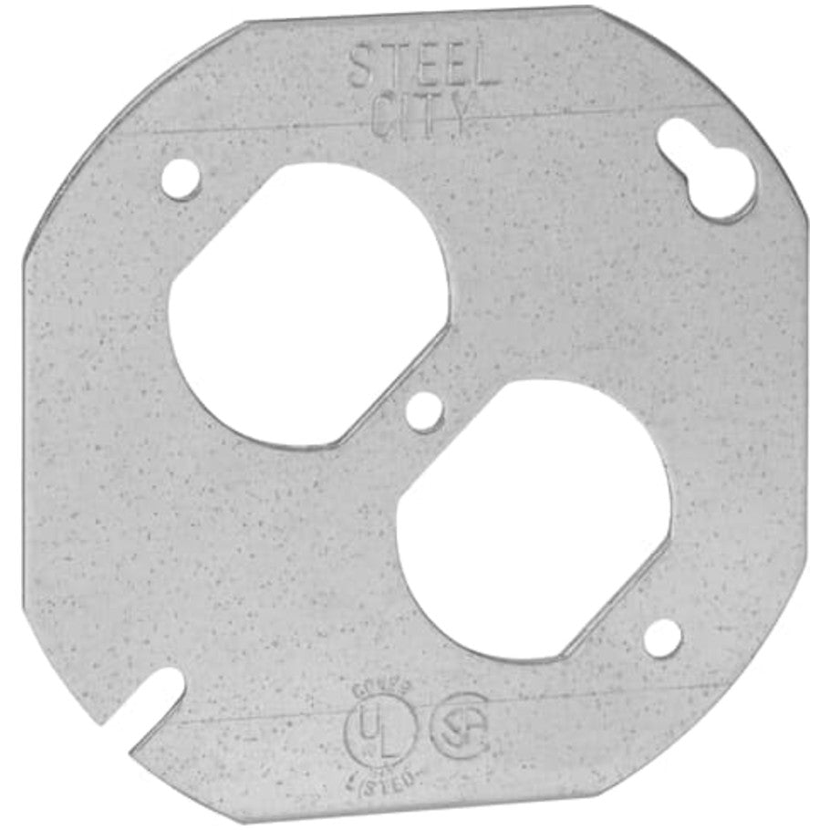 4 in. Round and Octagon Box Cover, Steel, Flat, Center Blanked (1) Duplex Receptacle