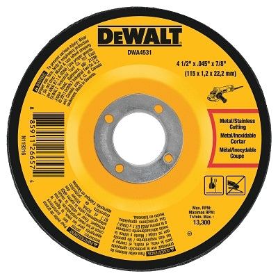 Cutting Wheel, Type 27, 4-1/2 in dia x 0.045 in Thick x 7/8 in Arbor, Aluminum Oxide
