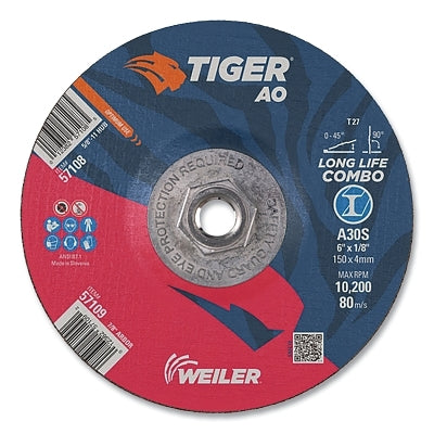 Tiger AO Type 27 Cut/Grind Combo Wheel, 6 in dia x 1/8 in Thick, 5/8 in-11 dia Arbor, A30S