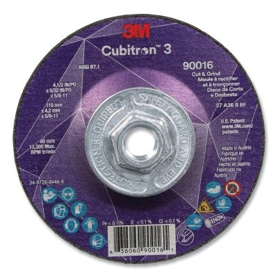3M 638060-90016 Cubitron 3 Cut and Grind Wheel, 4-1/2 in dia x 5/32 in Thick x 5/8 in-11 Arbor, 36+ Grit, T27