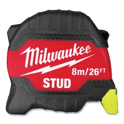 STUD Tape Measure, 8 m/26 ft, Metric/SAE, Two-Sided Printing, Hi-Vis Blade, Red/Black