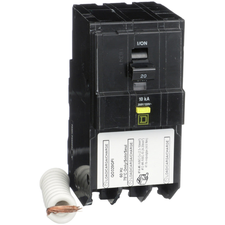 Mini circuit breaker, QO, 20A, 3 pole, 208Y/120VAC, 10kA, plug in, 6mA grd fault A, pigtail  TAA