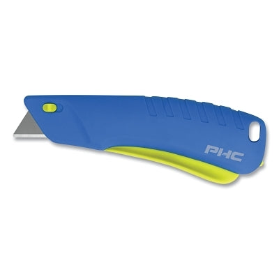 Rebel Safety Knife, 5-1/2 in L, Auto-Retracting Blade, Carbon Steel, Plastic Handle, Blue/Green