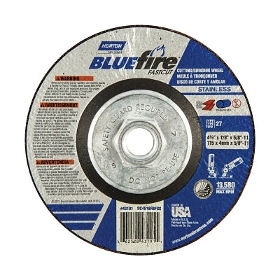 Blue Fire Grinding/Cutting Wheels, Zirconia Alumina, 4.5" Dia, 5/8"Arbor, 24Grit