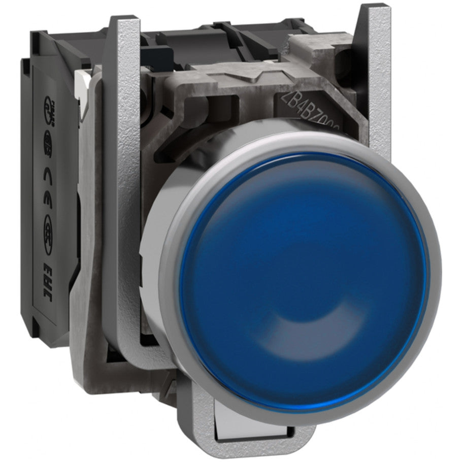 Illuminated push button, Harmony XB4, metal, blue flush, 22mm, universal LED, plain lens, 1NO   1NC, 24V AC DC