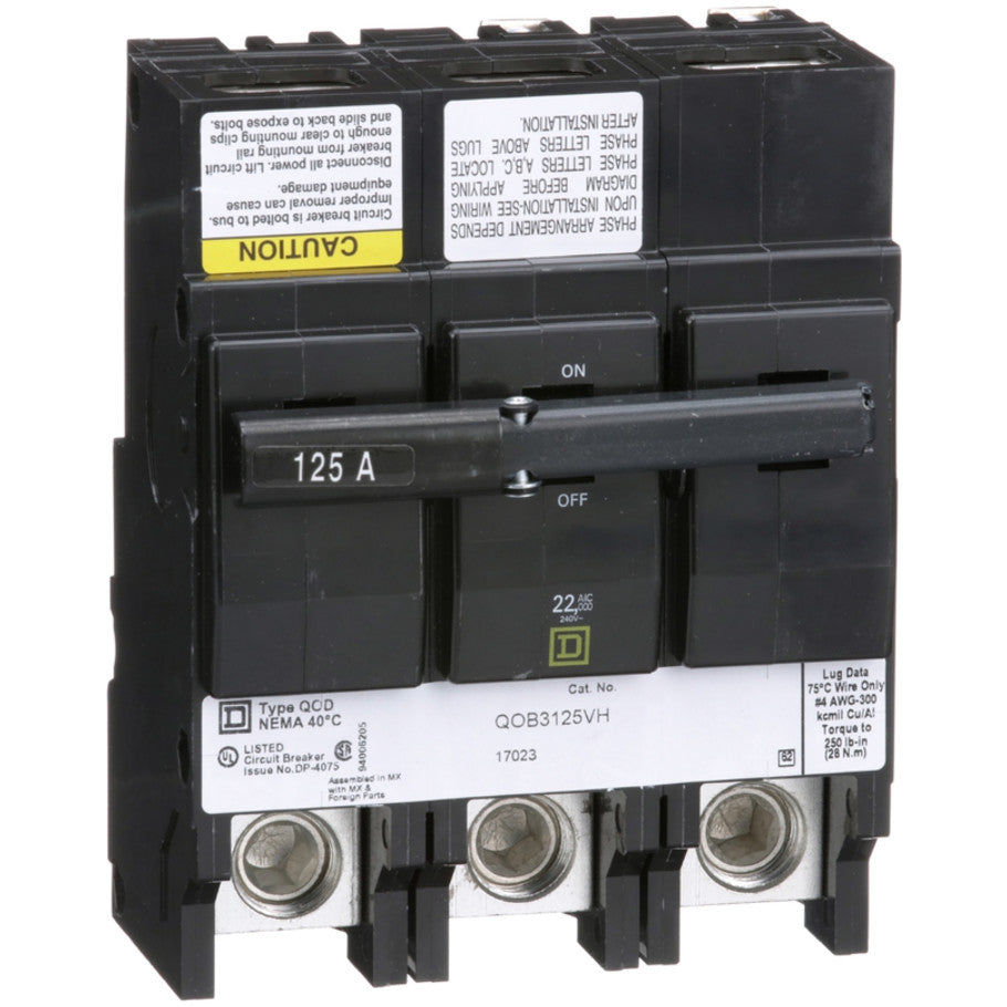 QOB Miniature Circuit Breaker, High Interrupting Capacity, Bolt On, 3 Pole, 125A, 240 Vac, 22kA